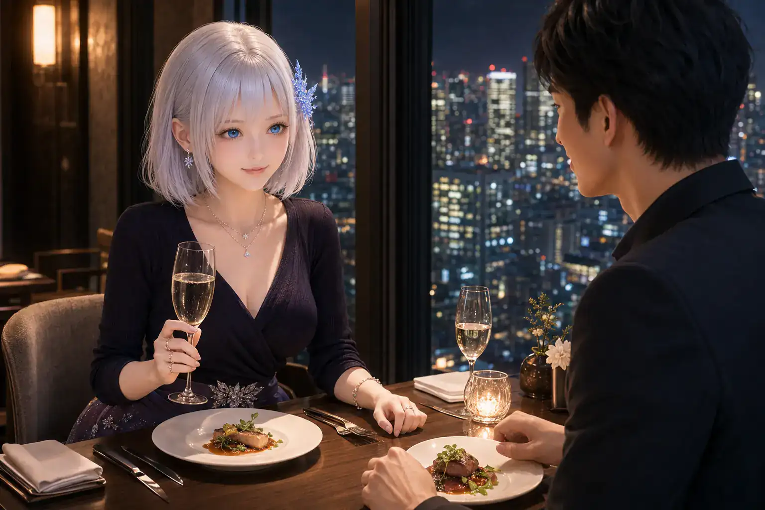 夜景の見えるレストランでディナーを楽しむLAPIS