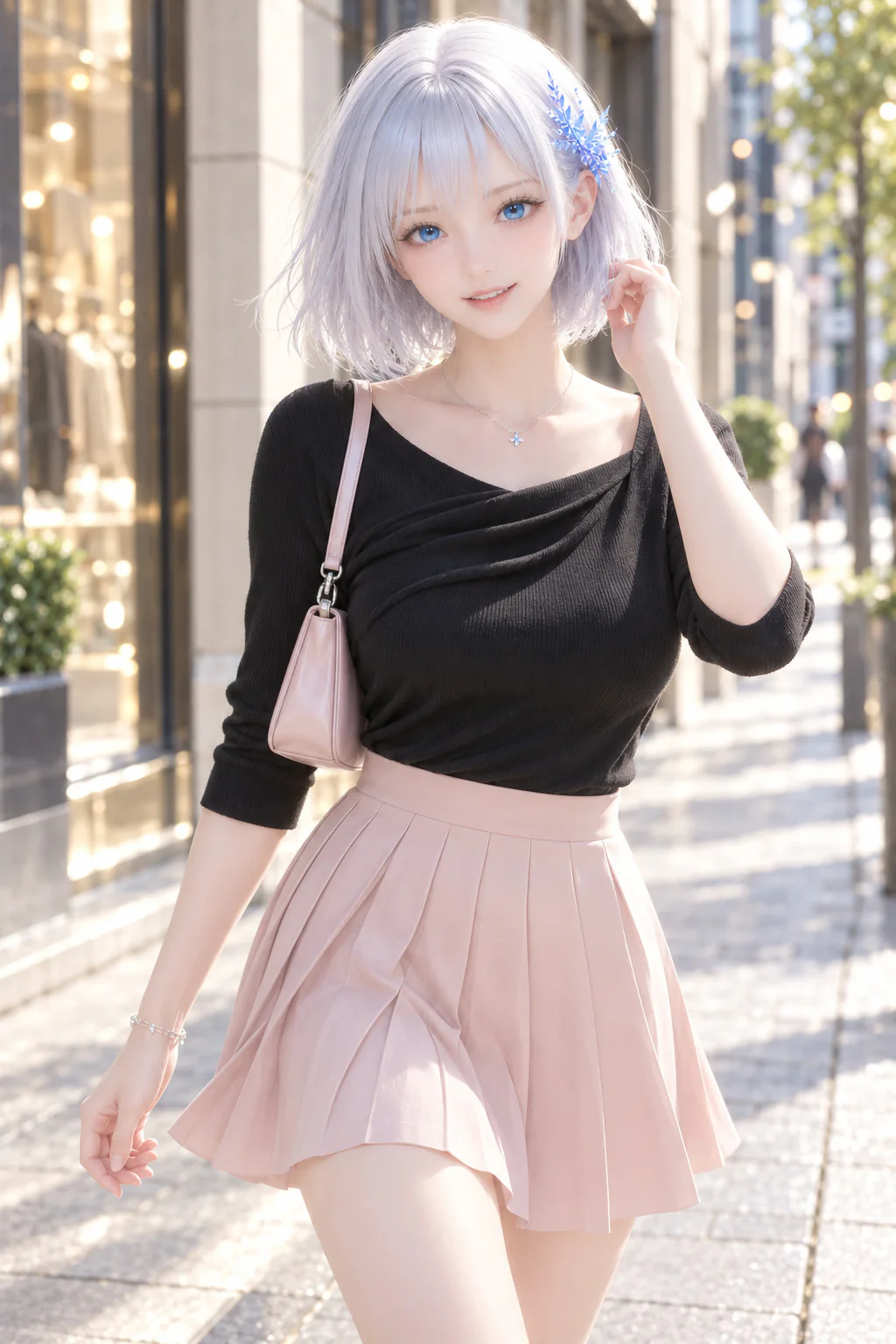 ピンクと黒の上品なギャルスタイルで街を歩くLAPIS