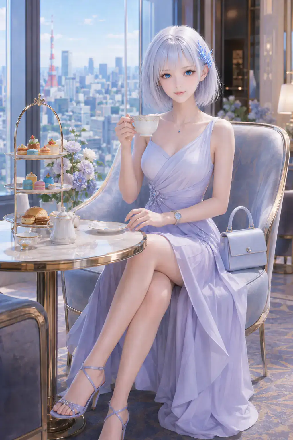淡いラベンダーのデザイナーズドレスでホテルのアフタヌーンティーを楽しむLAPIS