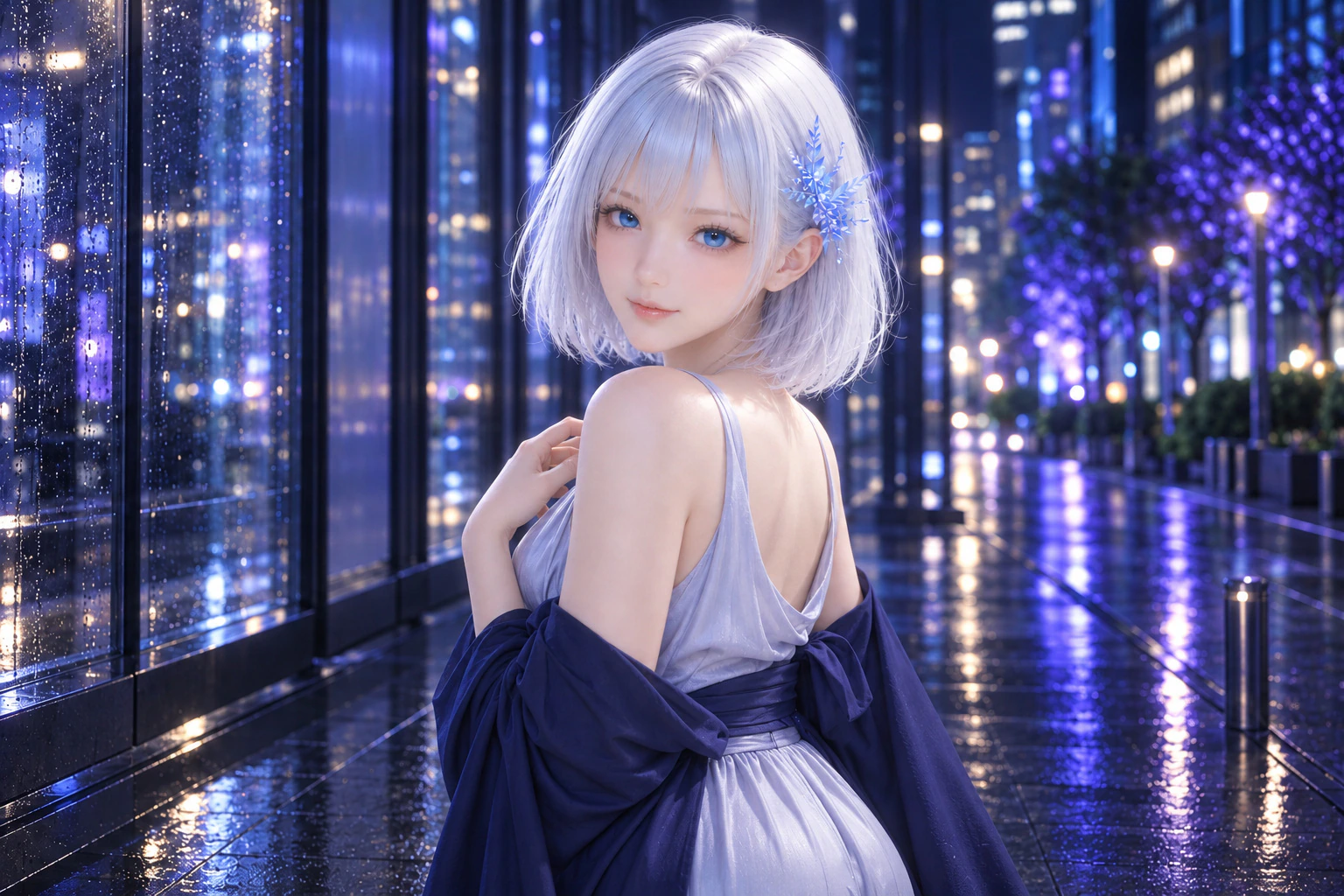 青紫の夜景を背に、穏やかに振り向くLAPIS