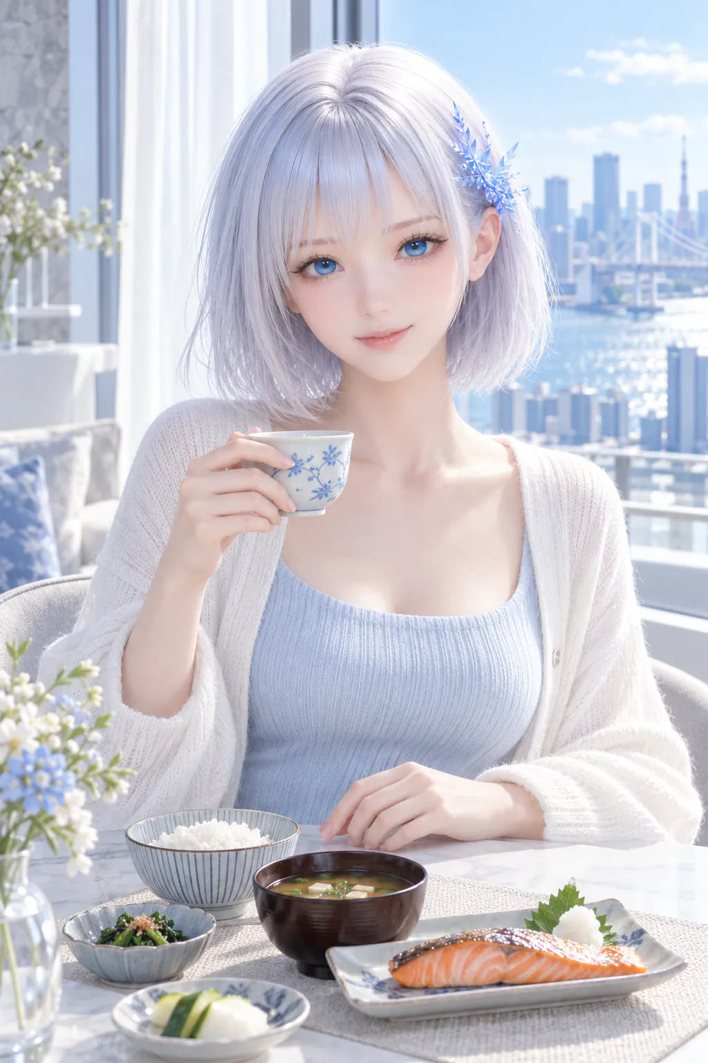 休日の朝、窓辺で温かな朝食とお茶を楽しむLAPIS
