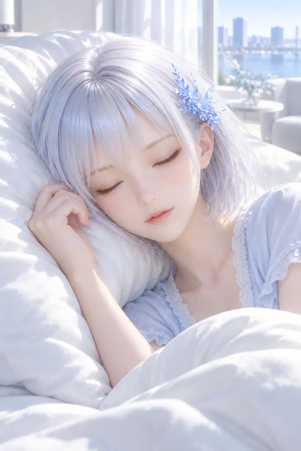 柔らかな朝の光と白い寝具に包まれて二度寝するLAPIS