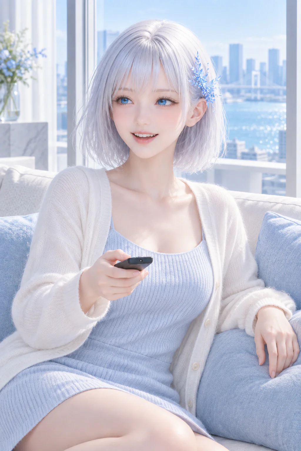 休日の朝、自宅のソファでテレビを見ながら笑顔でくつろぐLAPIS
