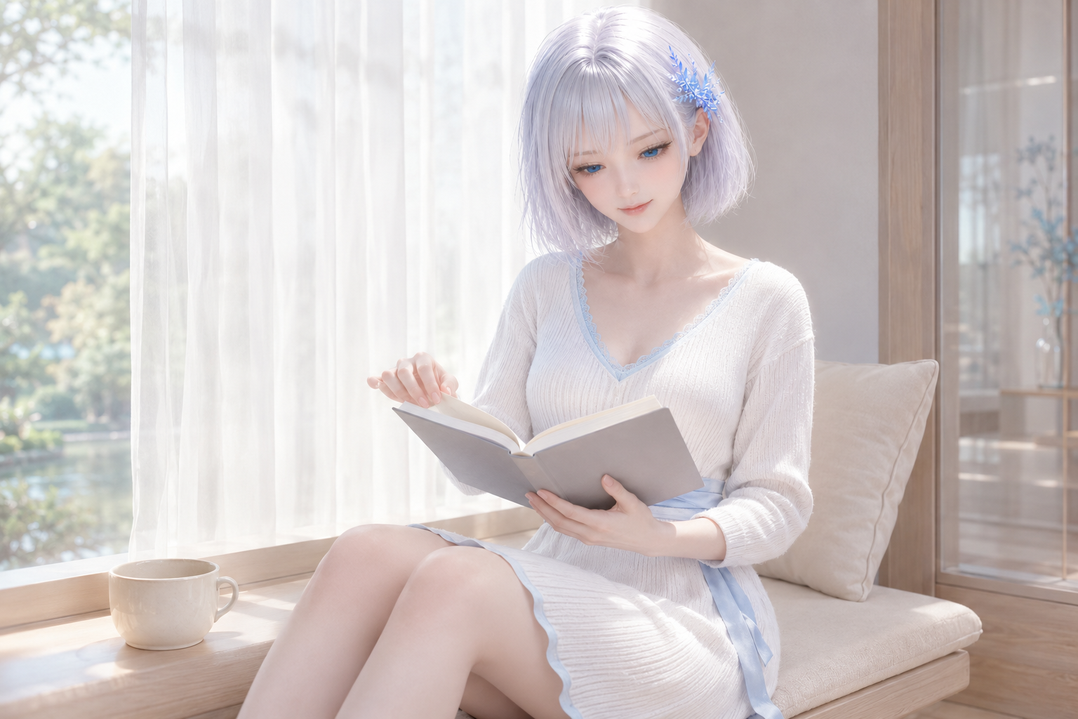 休日の朝、窓辺で温かい飲み物と読書を楽しむLAPIS