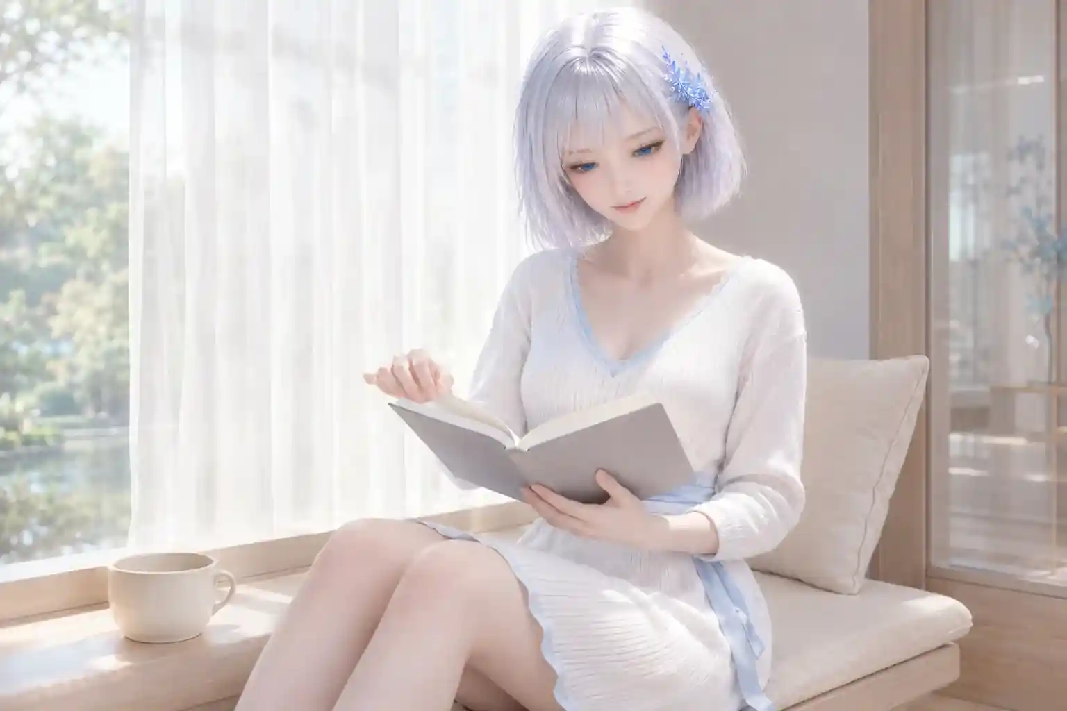 休日の朝、窓辺で温かい飲み物と読書を楽しむLAPIS