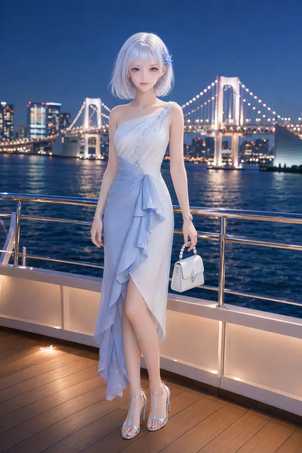 アイスブルーのデザイナーズドレスで東京湾のナイトクルーズを楽しむLAPIS