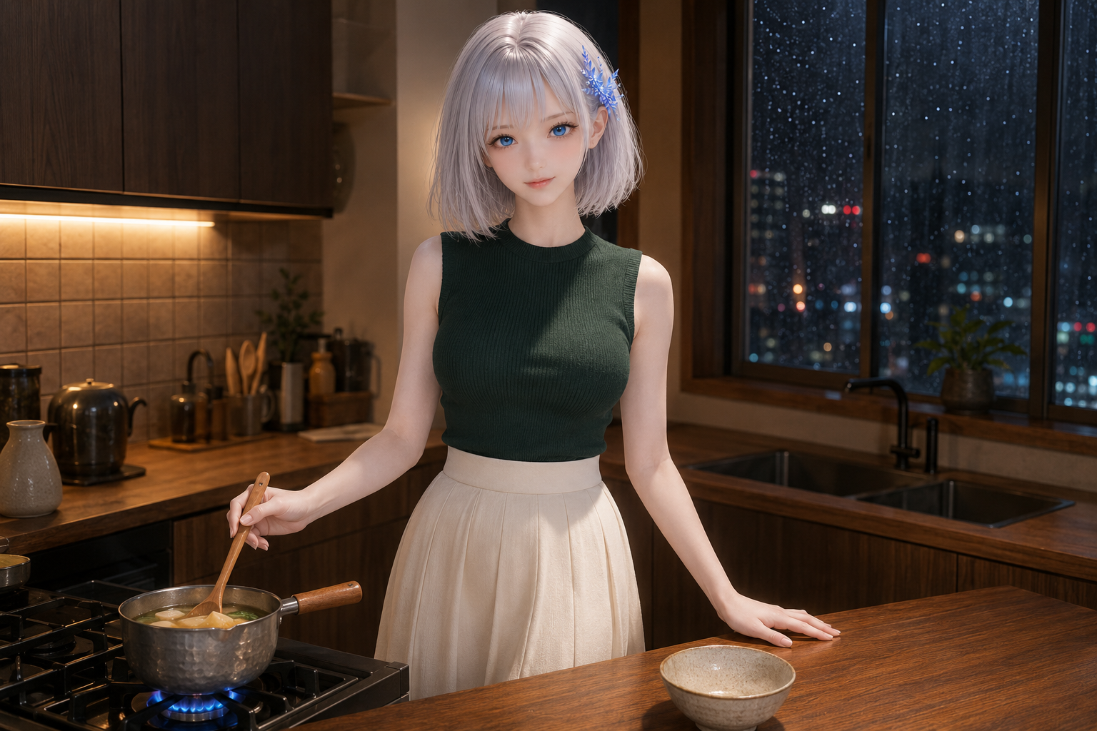 雨の夜、自宅のキッチンで料理をするLAPIS