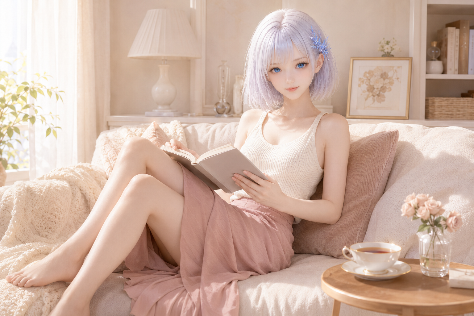休日の朝、自宅のソファで本を読むLAPIS