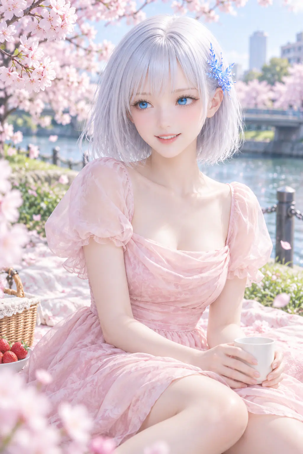 桜が咲く水辺で春のピクニックを楽しむLAPIS