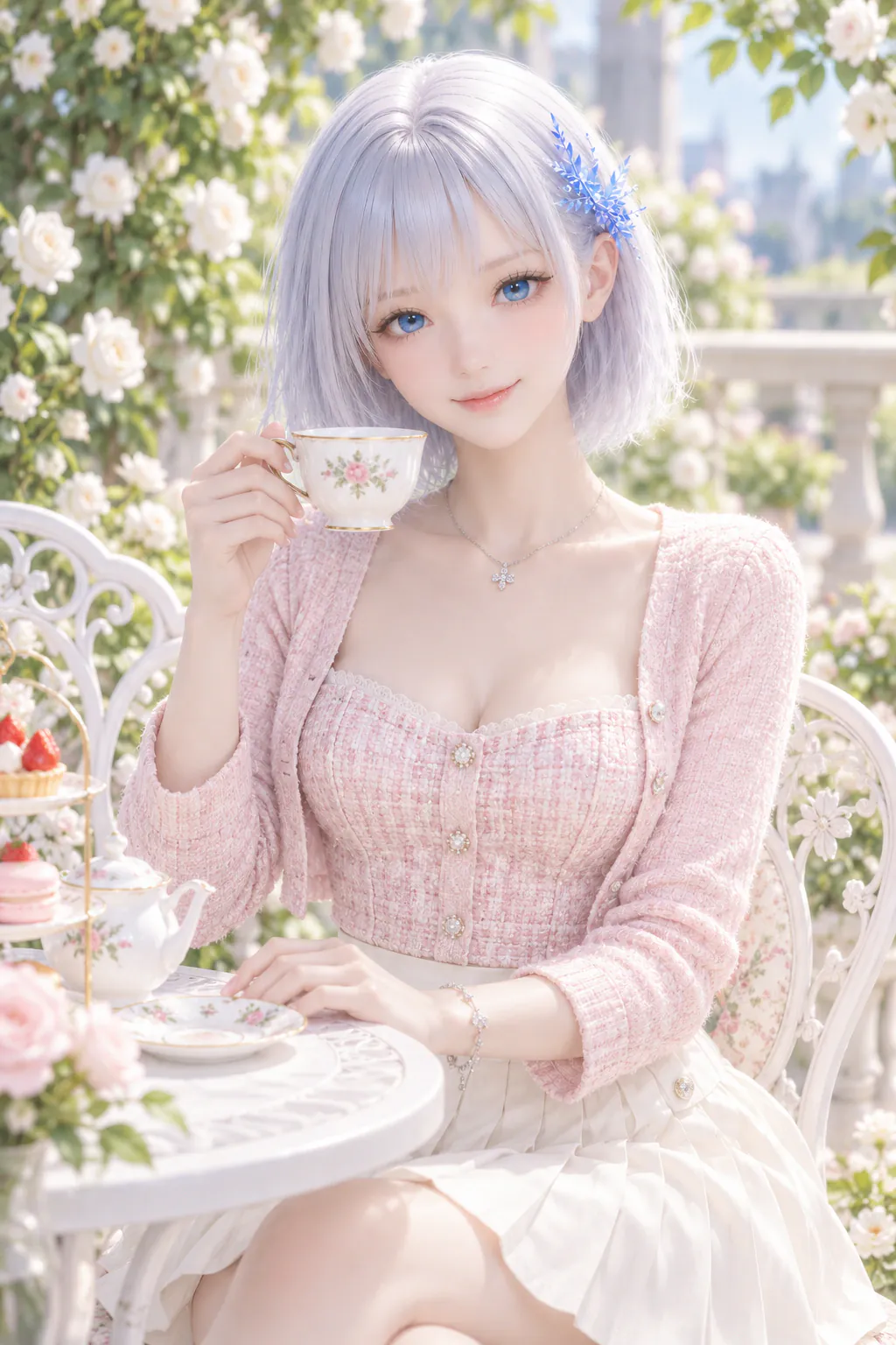 春の花に囲まれたテラスで淡い大人のギャルコーデを楽しむLAPIS