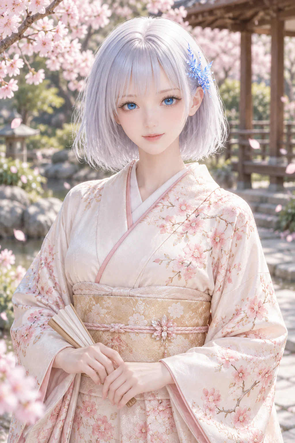 春の庭園を淡い着物で歩くLAPIS