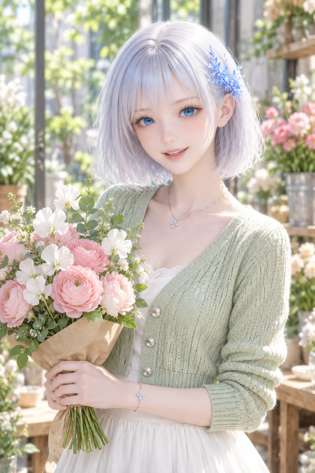 春の花束を抱え、花屋の店先で微笑むLAPIS