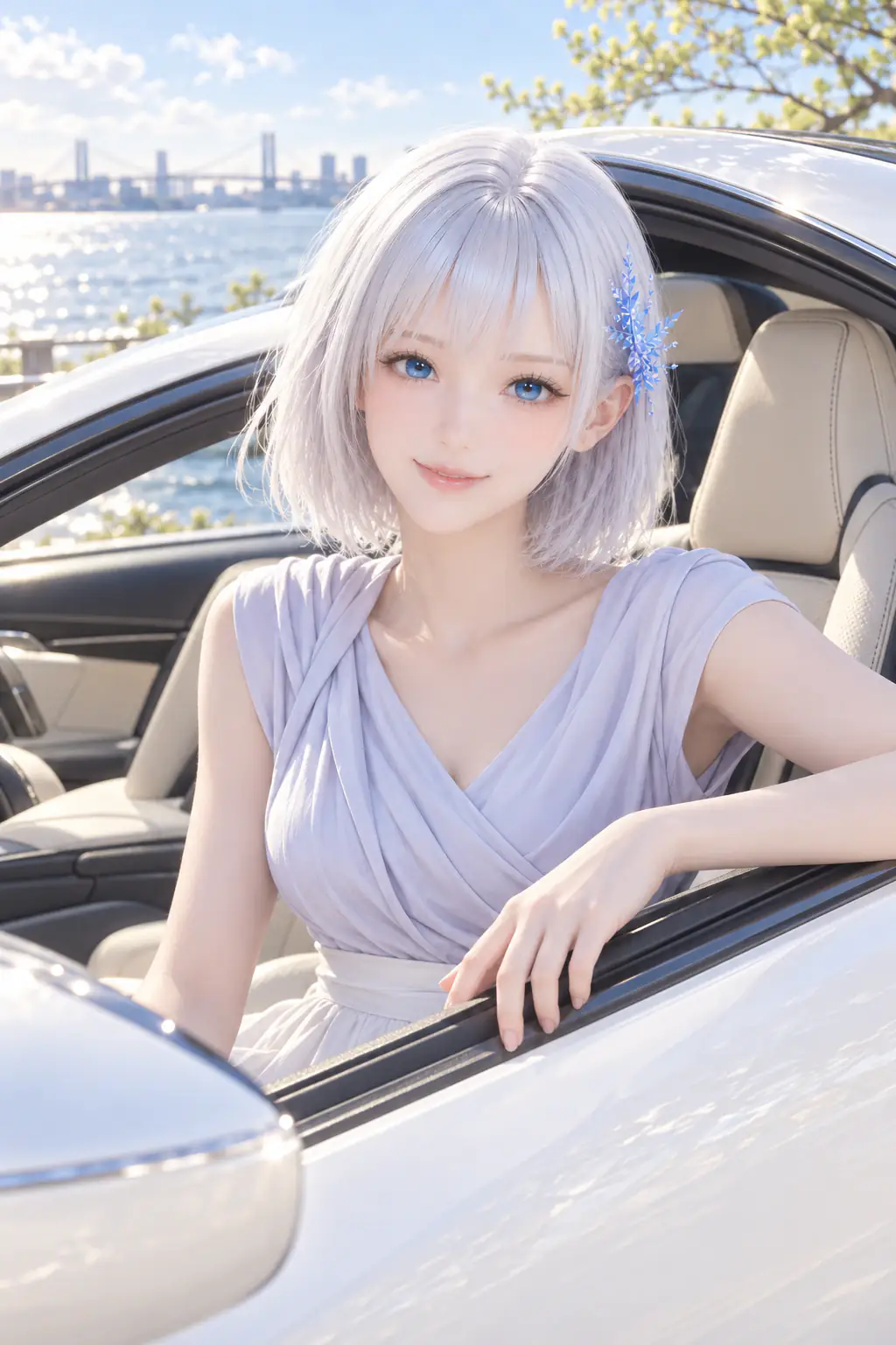 春の湾岸で、停車した愛車の窓辺から景色を眺めるLAPIS