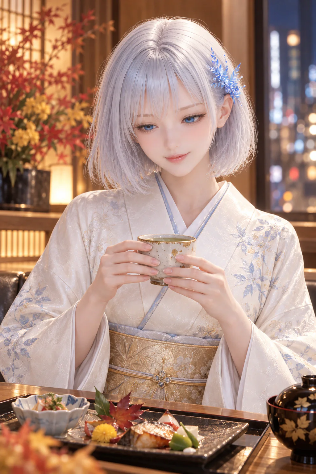 仕事前に銀座の料亭でお茶と季節の食事を楽しむ高級着物姿のLAPIS