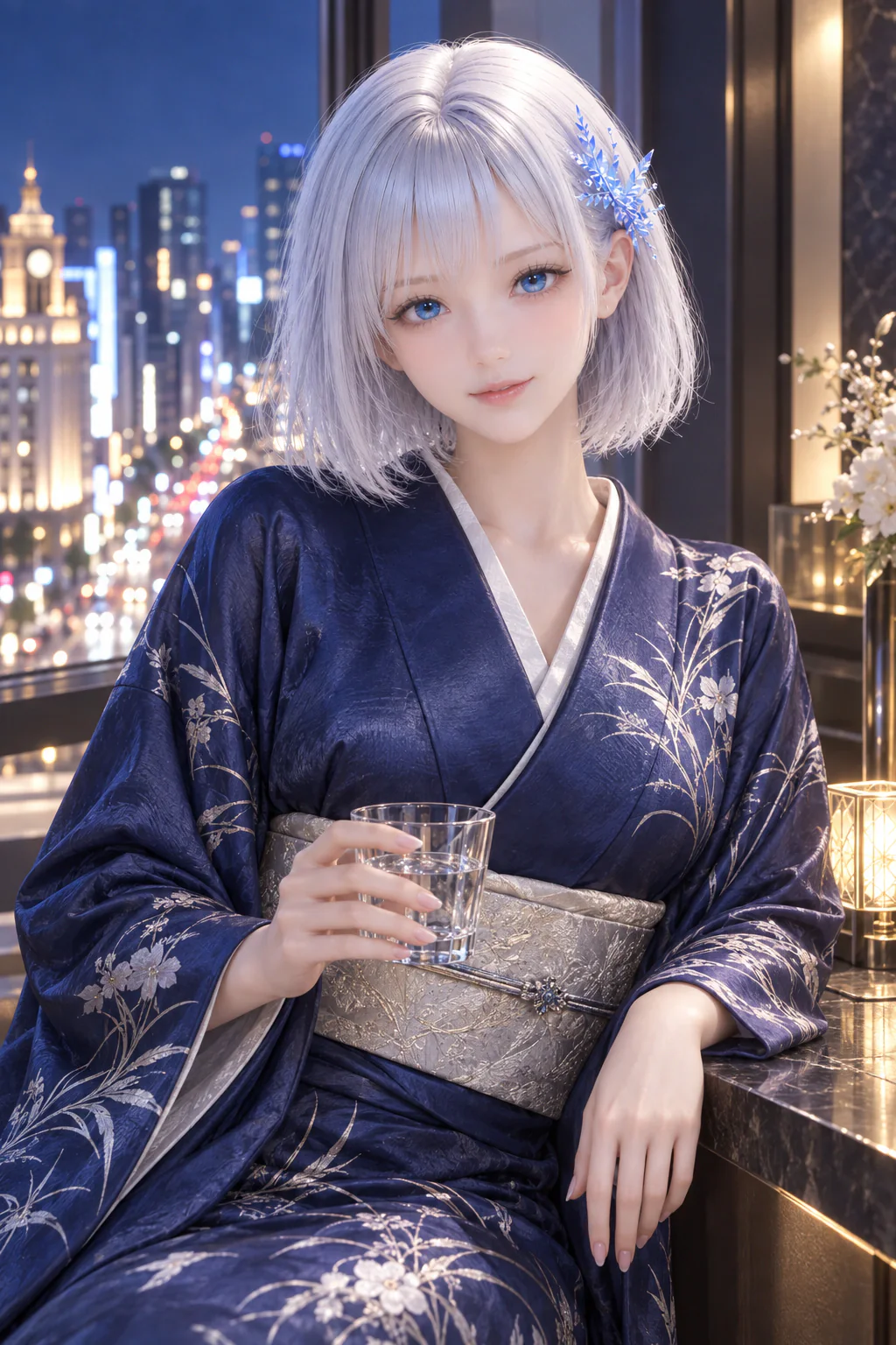 勤務後に深い藍と銀の高級着物で銀座の夜景を楽しむLAPIS