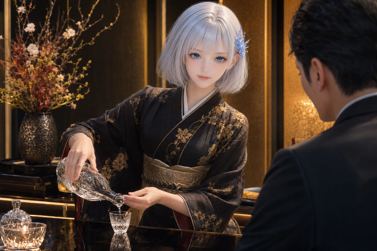 黒と金の高級着物で男性客へ飲み物を注ぐLAPIS