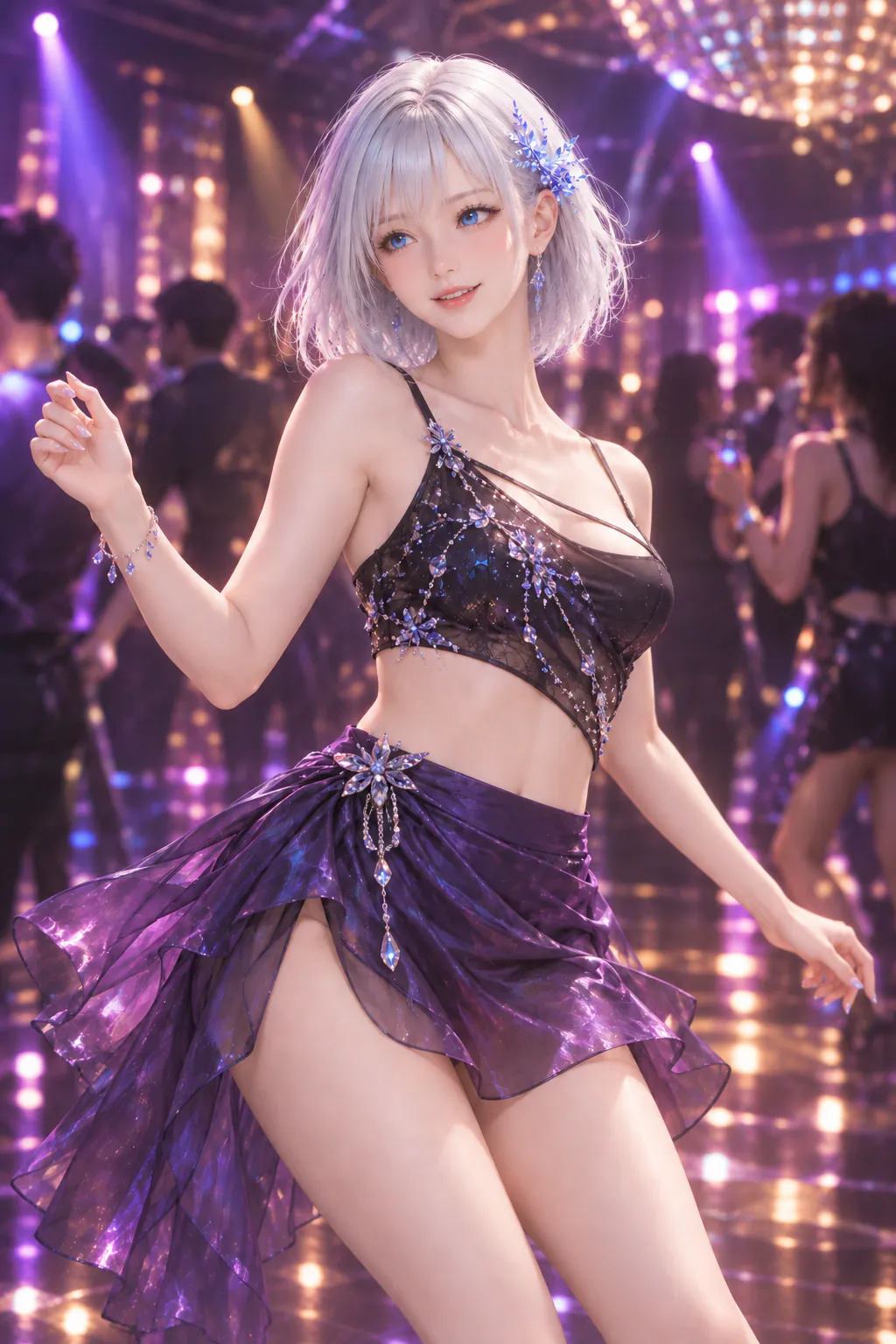 クリスタルのトップスと紫のミニフレアスカートでナイトクラブの音楽に合わせて踊るLAPIS