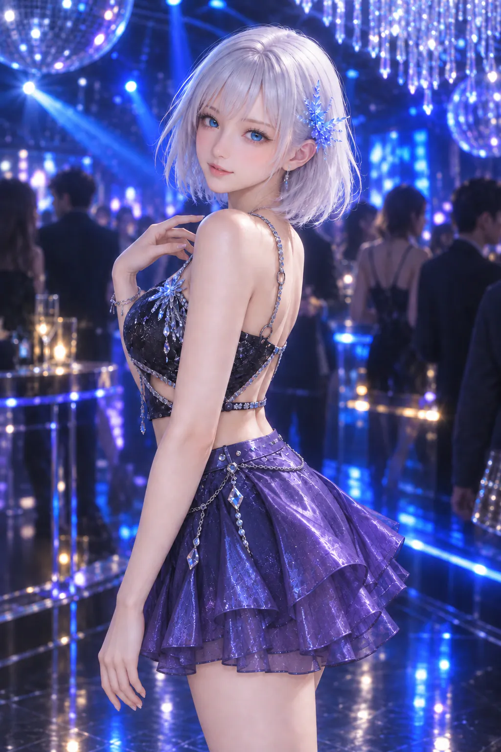 青い光がきらめくナイトクラブで音楽に合わせて振り向くLAPIS