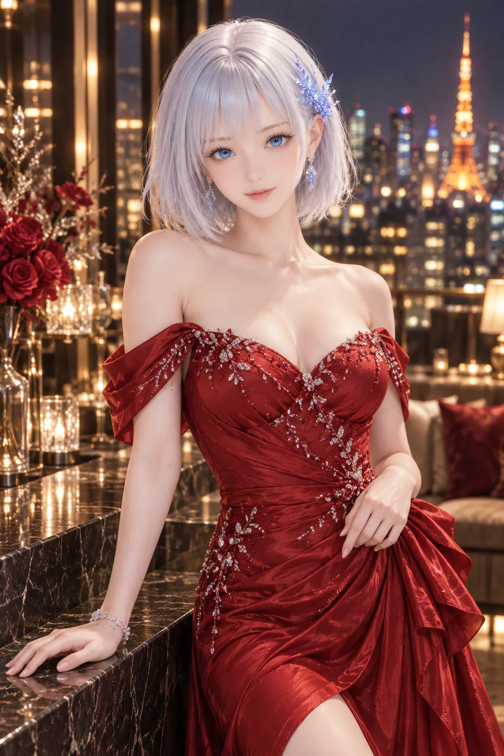 クリスタルをあしらったルビーレッドの高級ドレスで六本木の夜に微笑むLAPIS