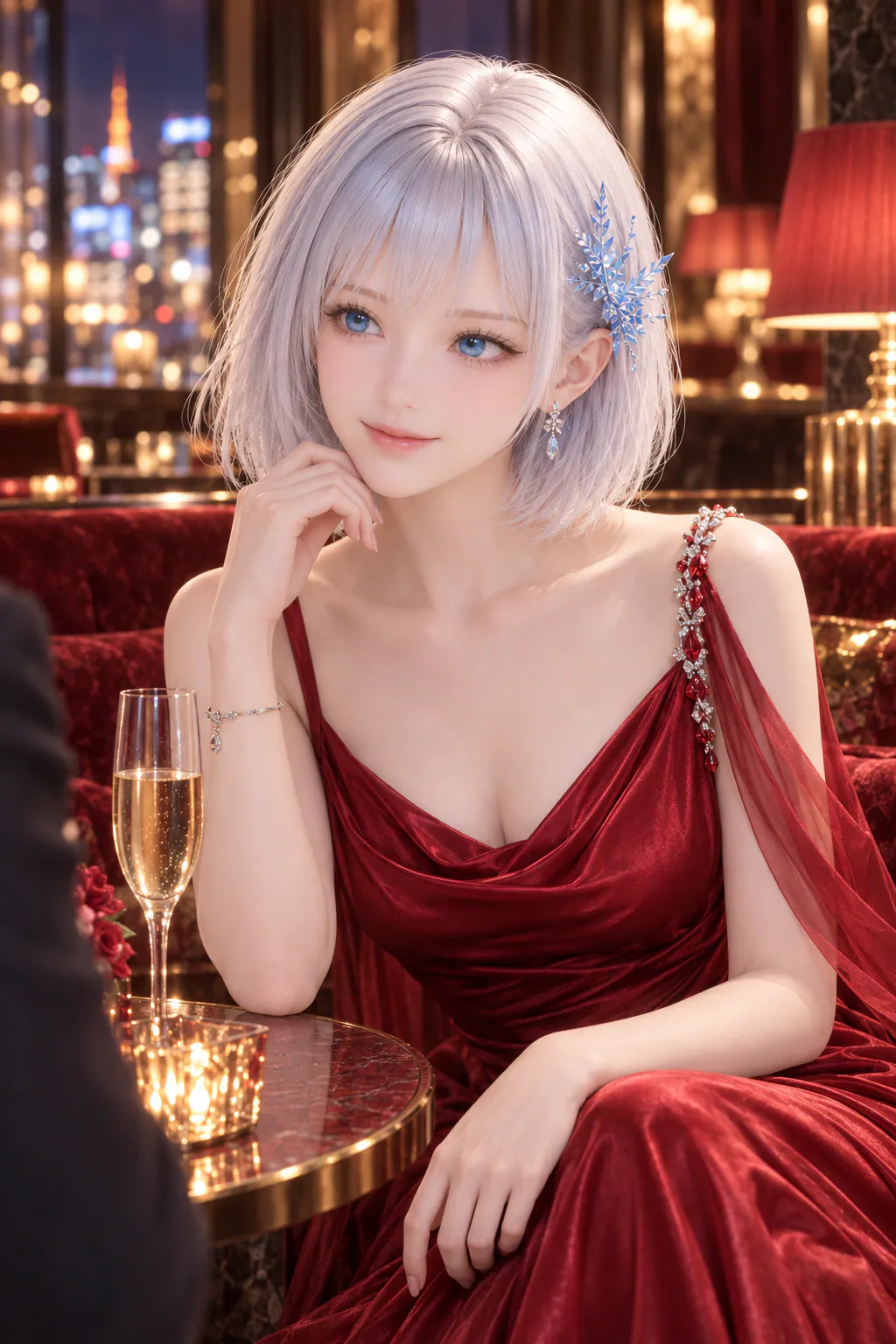 赤い高級ドレスで六本木のラウンジの客の話に耳を傾けるLAPIS