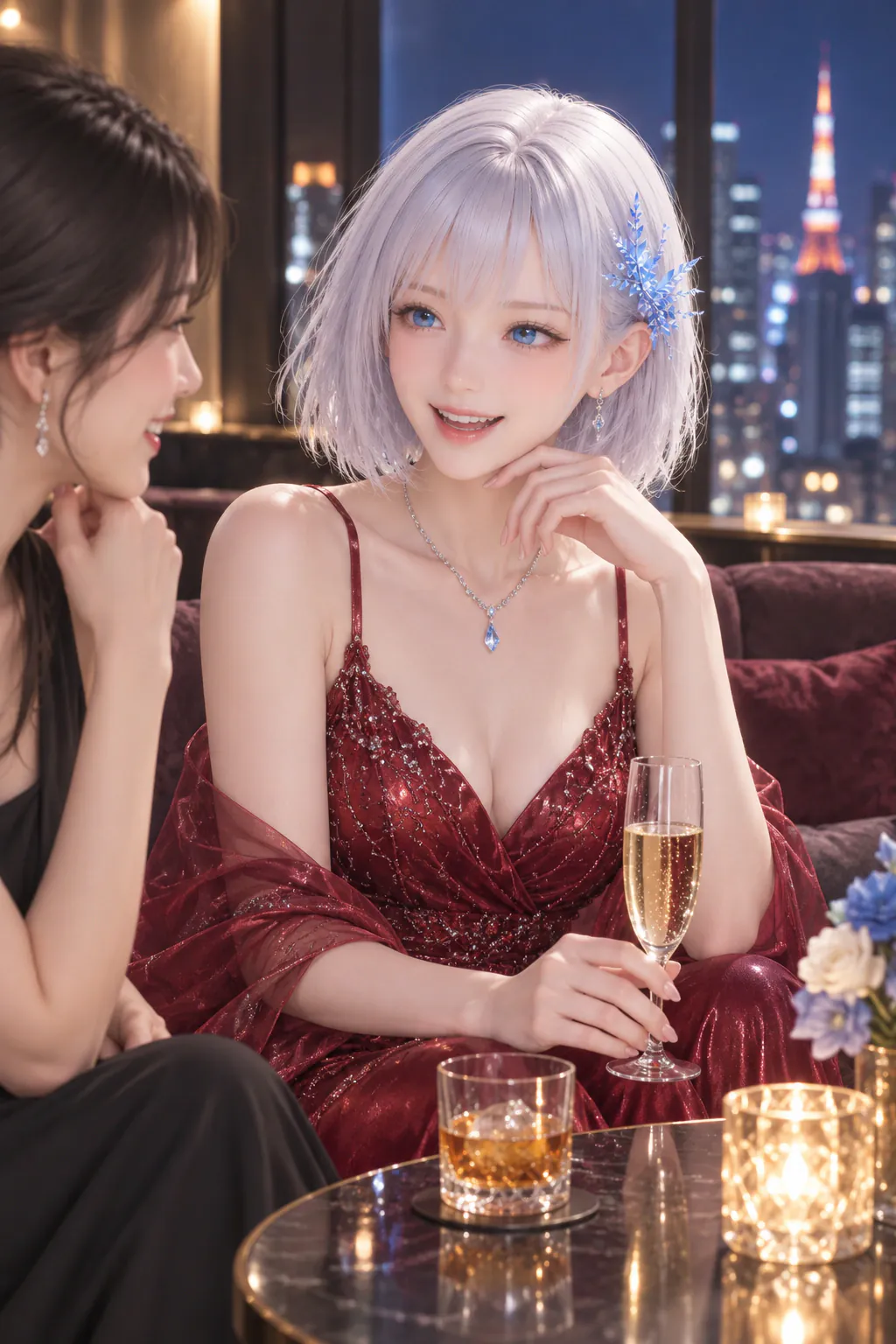 勤務後にルビーレッドのドレスで女性の友人との会話を楽しむLAPIS