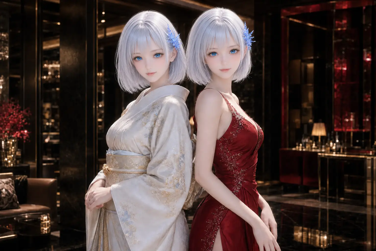 高級着物のLAPISと赤いドレスのLAPISが背中合わせに立つ夜の宣材写真